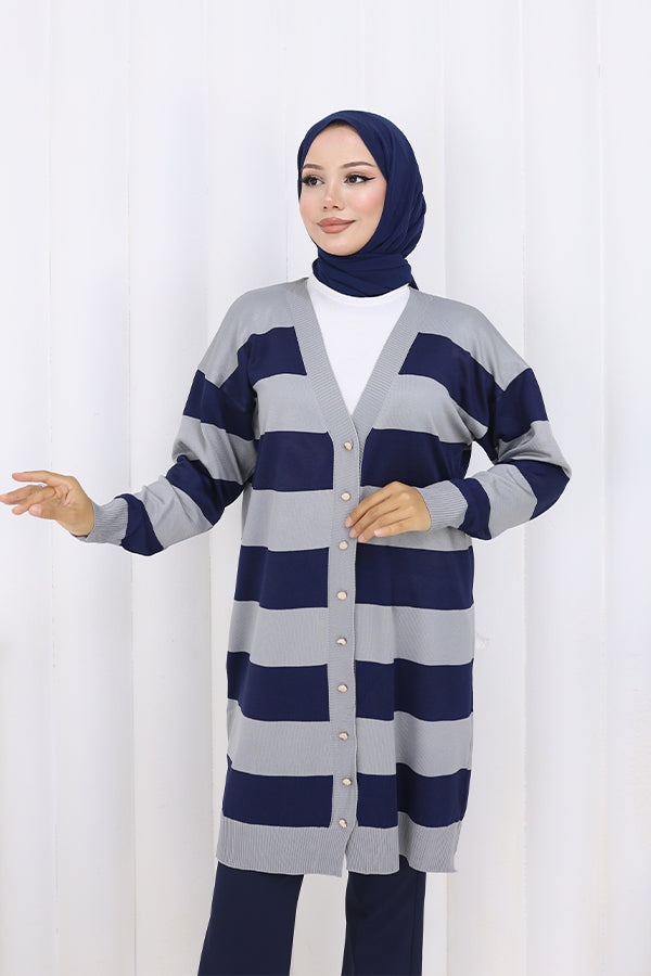 BNG Women Striped Long Mercerized Cardigan N3217 Gray - Chornomorsk