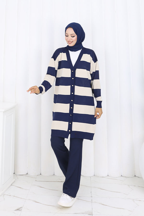BNG Women Striped Long Mercerized Cardigan N3217 Navy - Willich