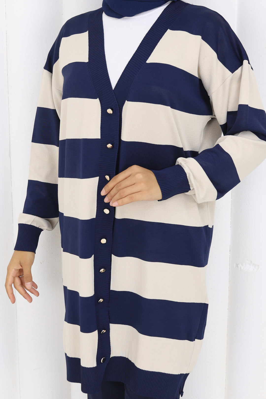 BNG Women Striped Long Mercerized Cardigan N3217 Navy - Willich