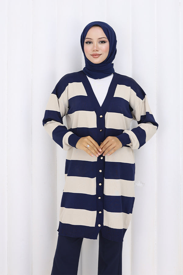 BNG Women Striped Long Mercerized Cardigan N3217 Navy - Willich