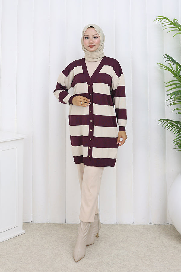 BNG Women Striped Long Mercerized Cardigan N3217 Purple - St. Johns