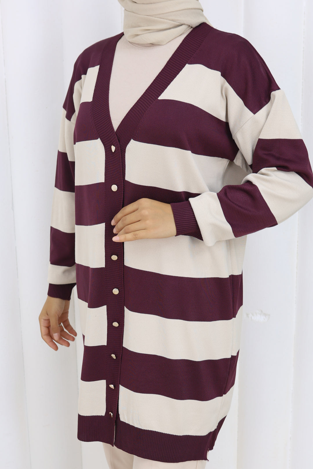 BNG Women Striped Long Mercerized Cardigan N3217 Purple - St. Johns