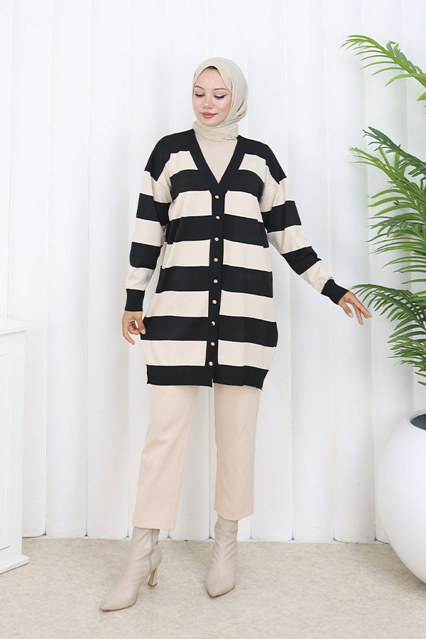 BNG Women Striped Long Mercerized Cardigan N3217 Black - Birkenhead