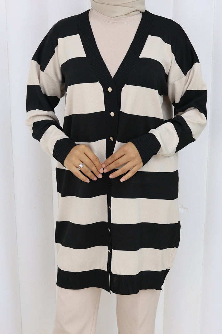 BNG Women Striped Long Mercerized Cardigan N3217 Black - Birkenhead
