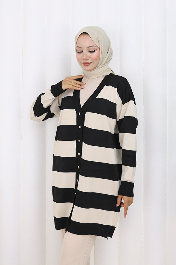 BNG Women Striped Long Mercerized Cardigan N3217 Black - Birkenhead