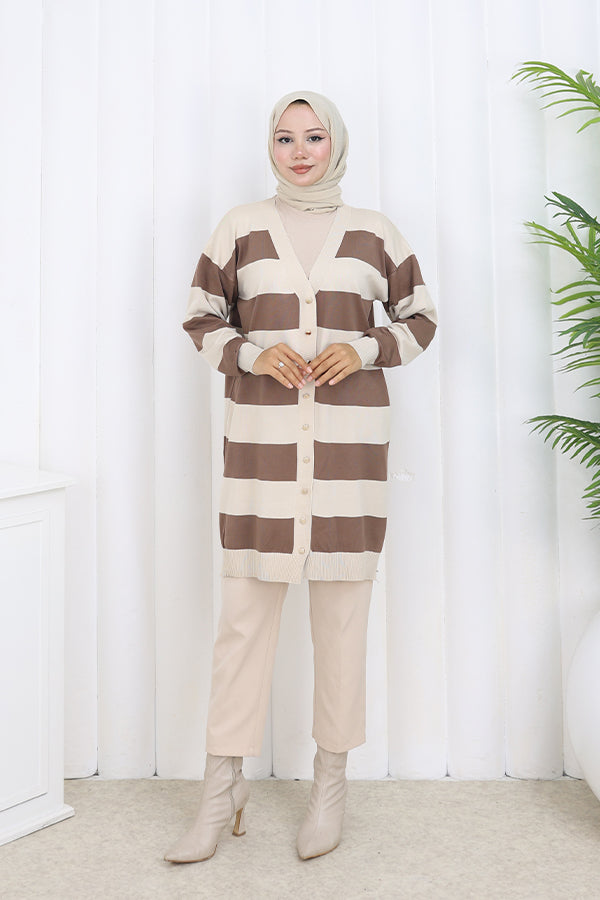 BNG Women Striped Long Mercerized Cardigan N3217 Stone Color - Draper