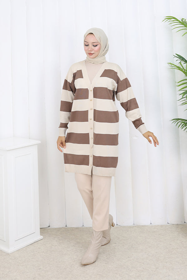 BNG Women Striped Long Mercerized Cardigan N3217 Stone Color - Draper