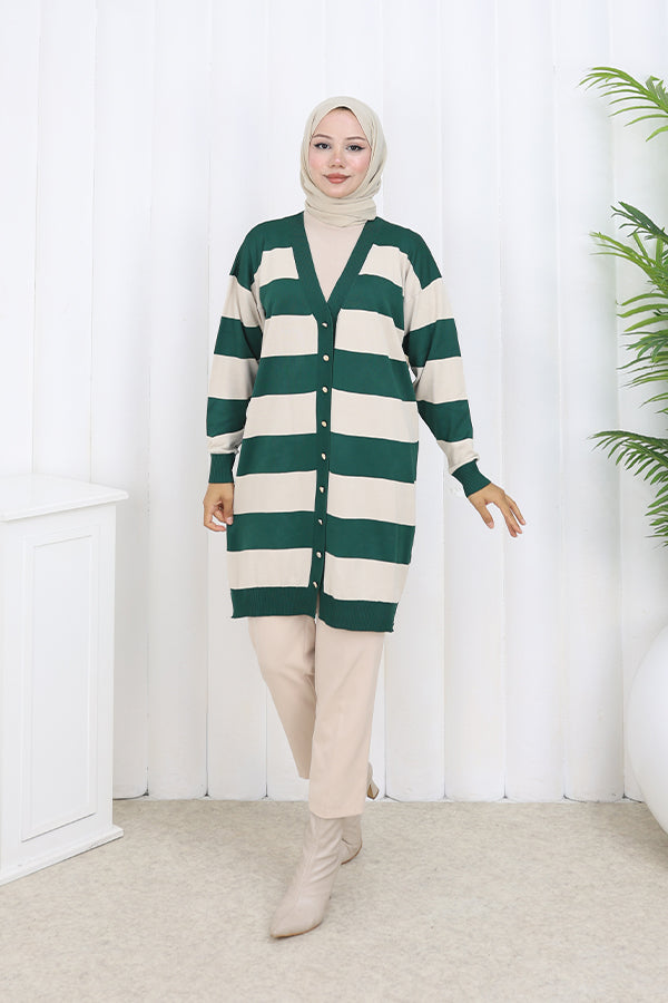 BNG Women Striped Long Mercerized Cardigan N3217 Emerald Green - Seraing