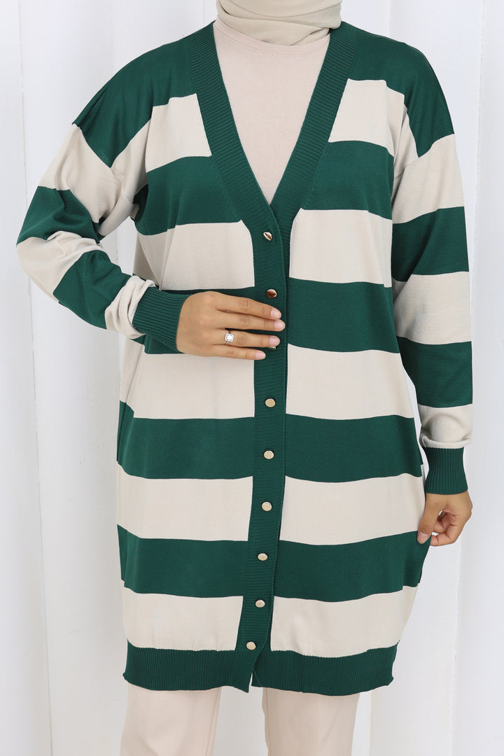 BNG Women Striped Long Mercerized Cardigan N3217 Emerald Green - Seraing