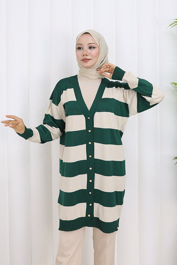 BNG Women Striped Long Mercerized Cardigan N3217 Emerald Green - Seraing