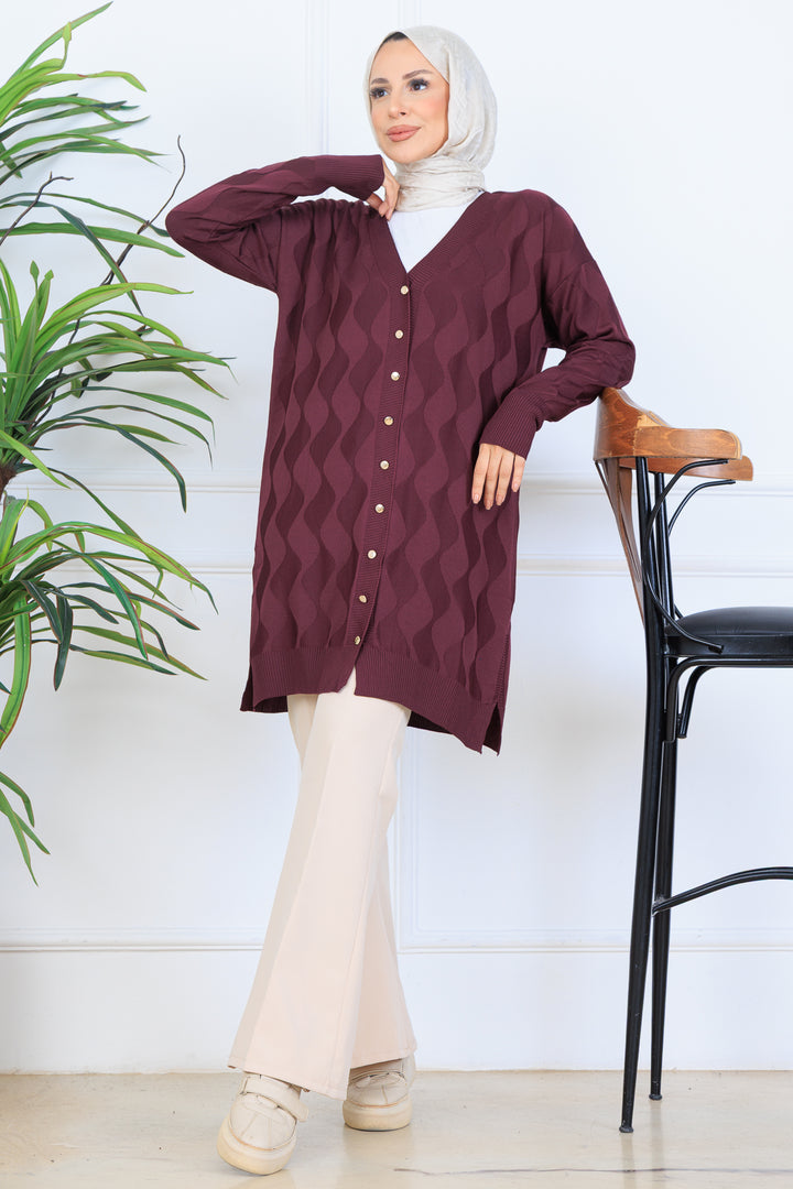 BNG Women Desenli Uzun Merserize Hırka N3239 Bordo - Yorktown
