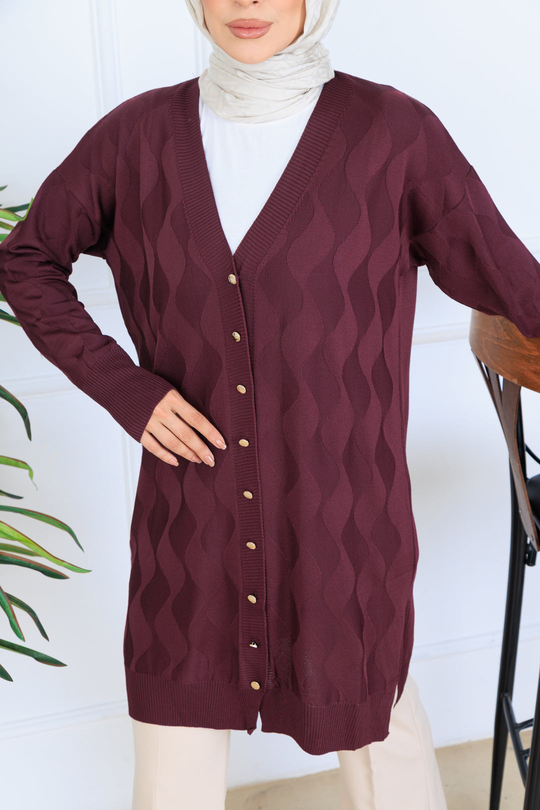 BNG Women Desenli Uzun Merserize Hırka N3239 Bordo - Yorktown