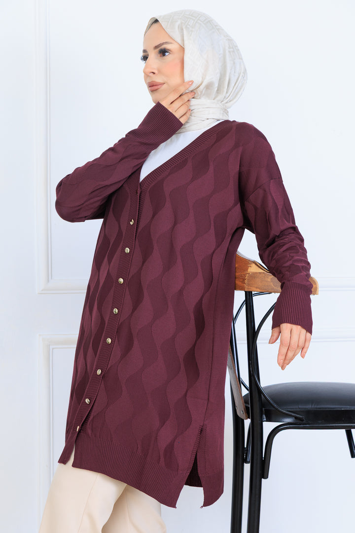 BNG Women Desenli Uzun Merserize Hırka N3239 Bordo - Yorktown