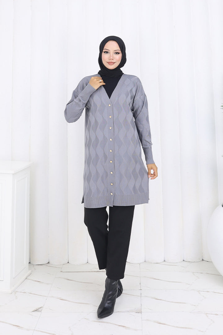 BNG Women Desenli Uzun Merserize Hırka N3239 Gri - Pärnu