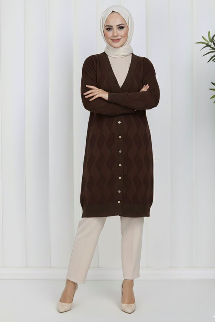 BNG Women Patterned Long Mercerized Cardigan N3239 Brown - Misantla