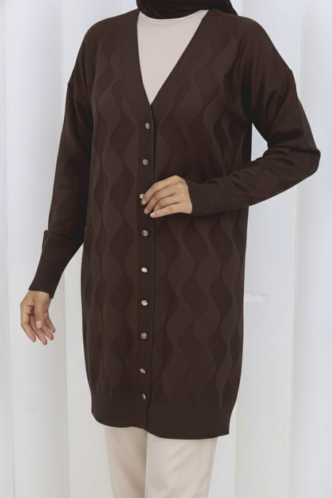 BNG Women Patterned Long Mercerized Cardigan N3239 Brown - Misantla
