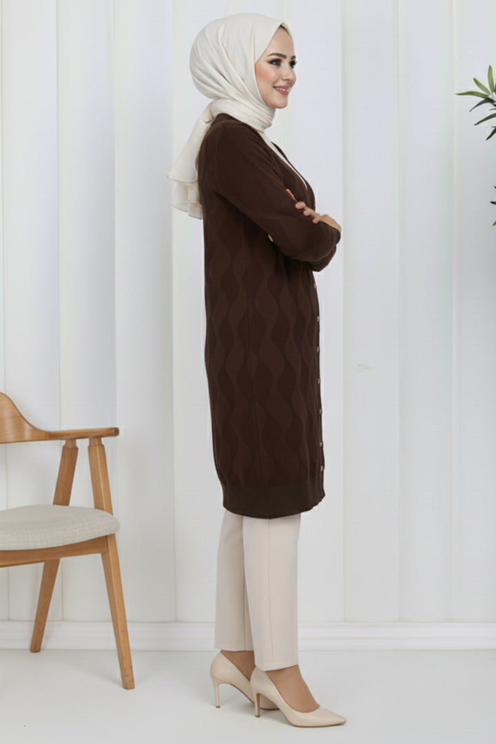 BNG Women Patterned Long Mercerized Cardigan N3239 Brown - Misantla
