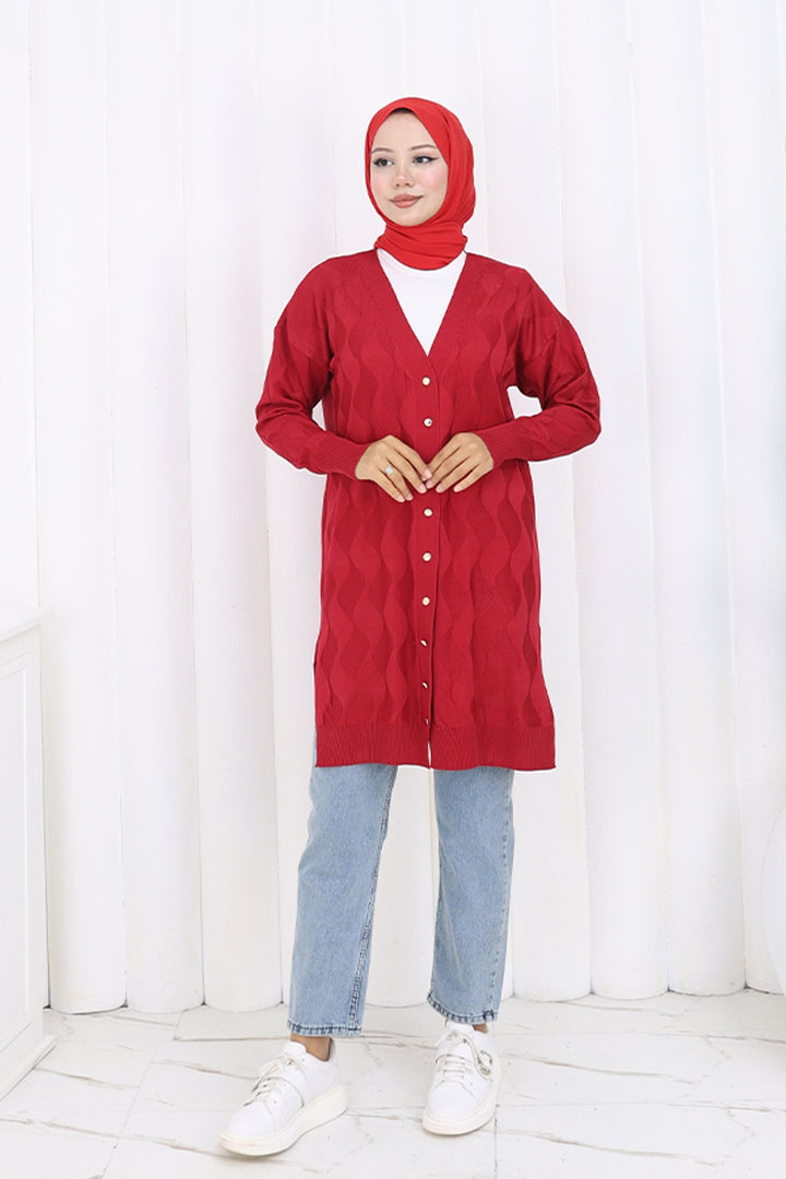 BNG Women Desenli Uzun Merserize Hırka N3239 Kırmızı - Warendorf