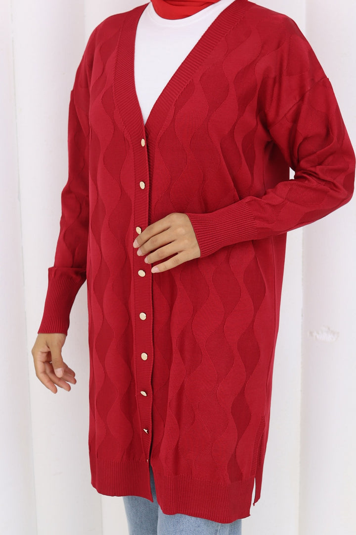 BNG Women Desenli Uzun Merserize Hırka N3239 Kırmızı - Warendorf