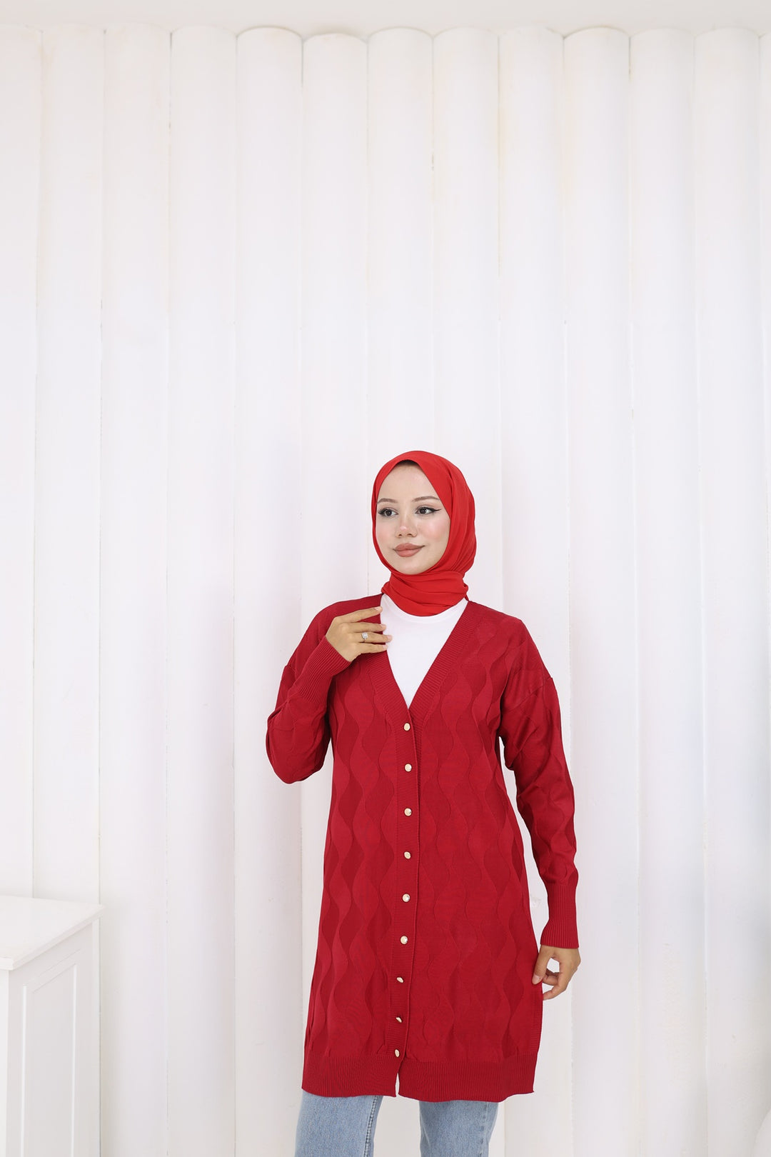 BNG Women Desenli Uzun Merserize Hırka N3239 Kırmızı - Warendorf