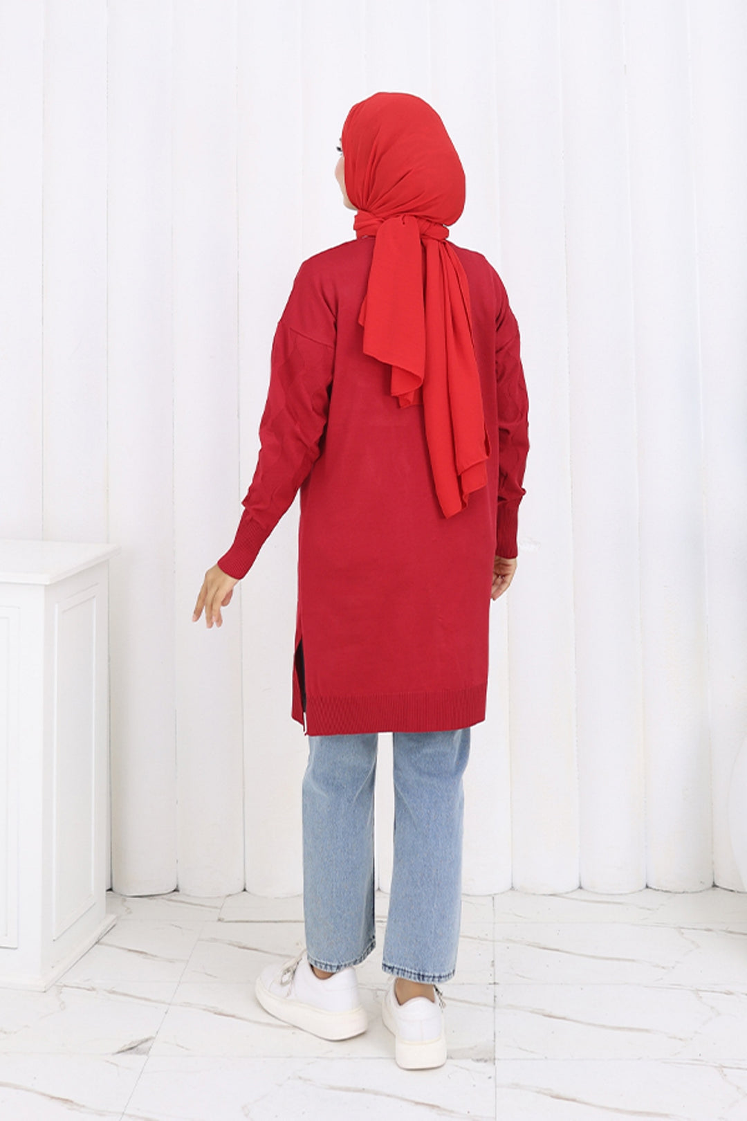 BNG Women Desenli Uzun Merserize Hırka N3239 Kırmızı - Warendorf