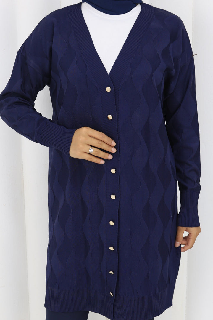 BNG Women Desenli Uzun Merserize Hırka N3239 Lacivert - Hennef