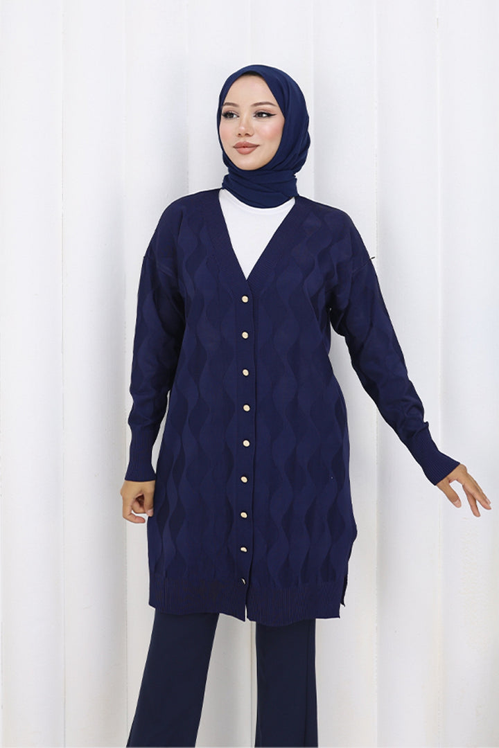 BNG Women Desenli Uzun Merserize Hırka N3239 Lacivert - Hennef