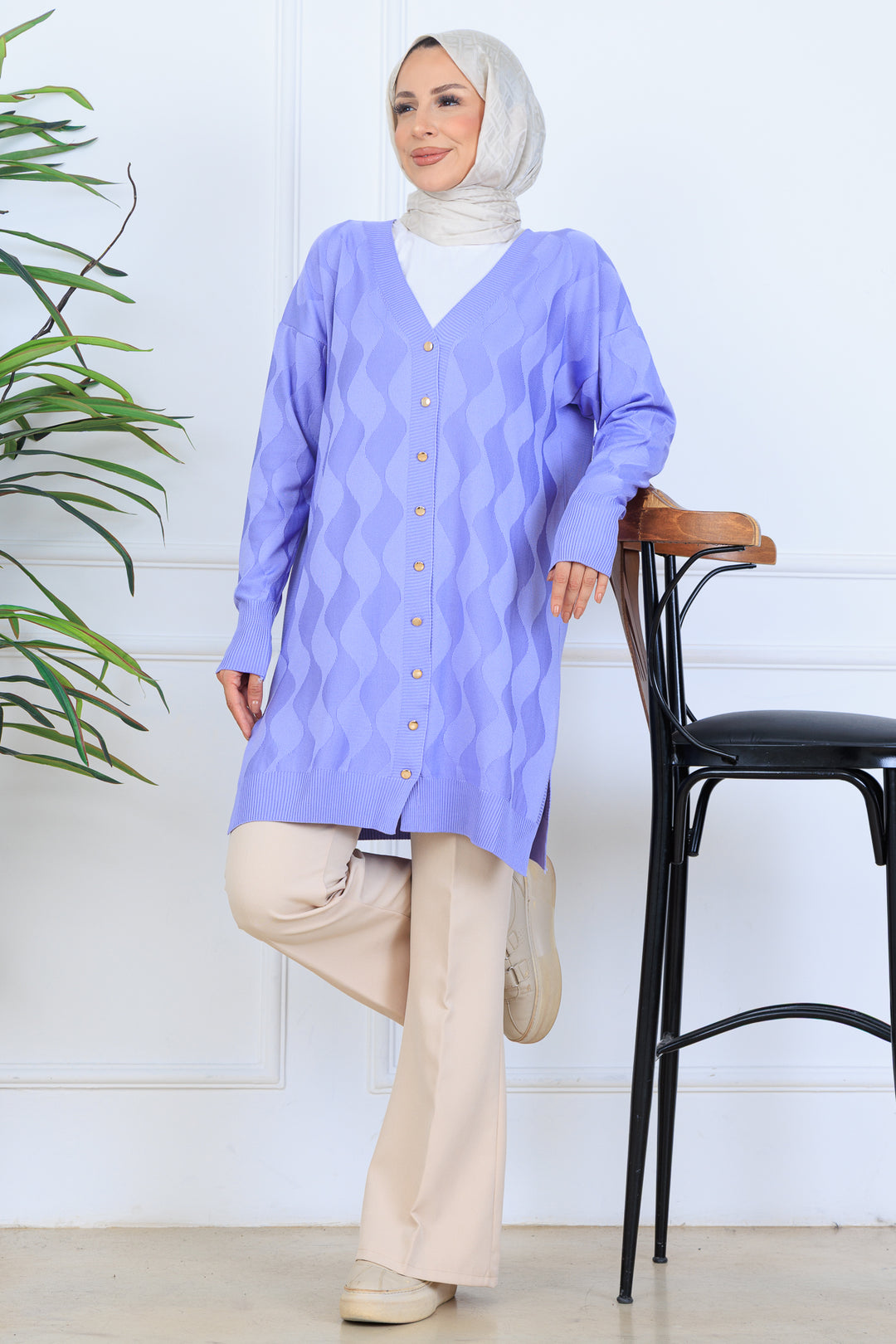 BNG Women Patterned Long Mercerized Cardigan N3239 Lilac - Livermore