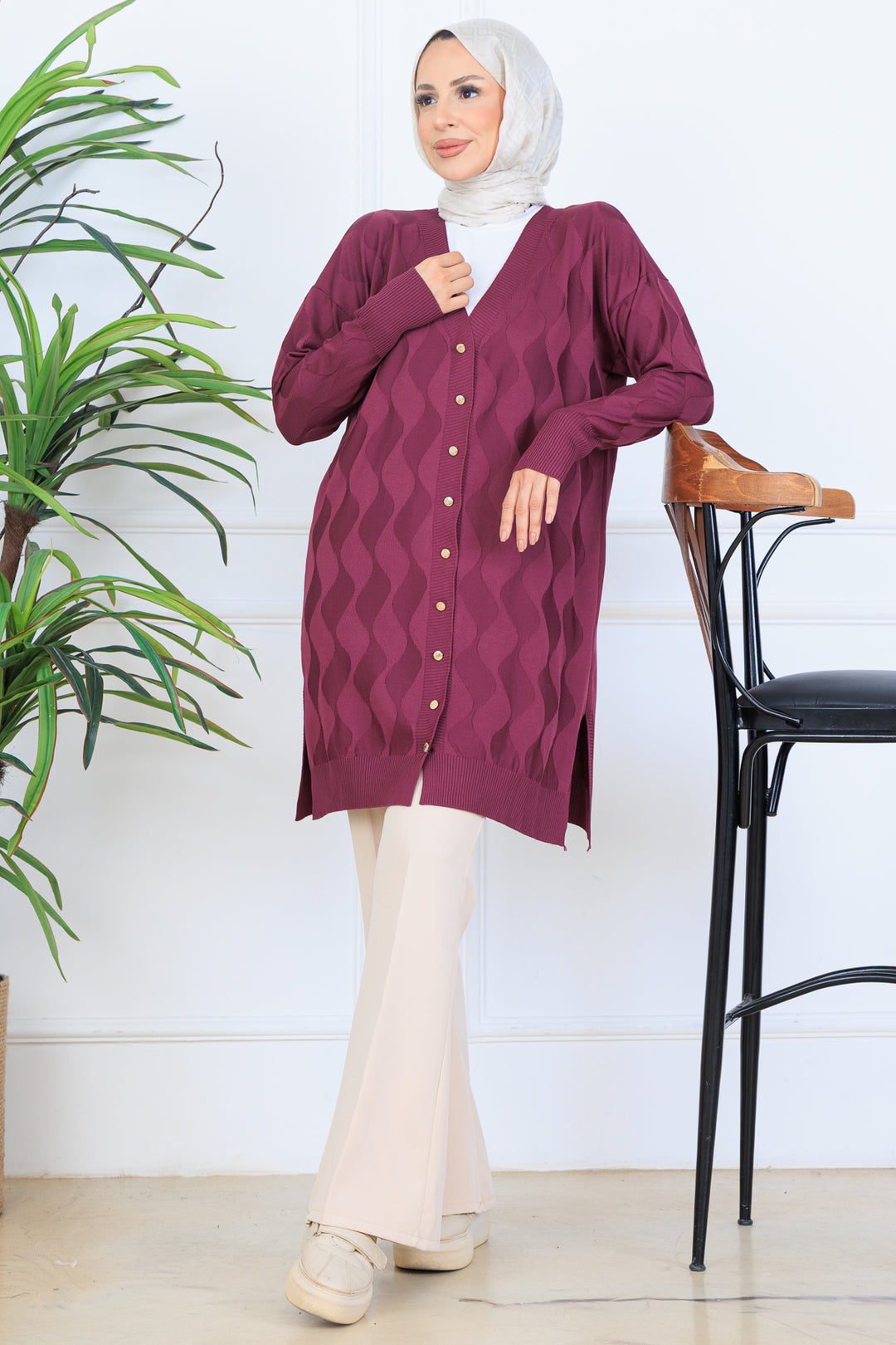 BNG Women Patterned Long Mercerized Cardigan N3239 Purple - Steyr