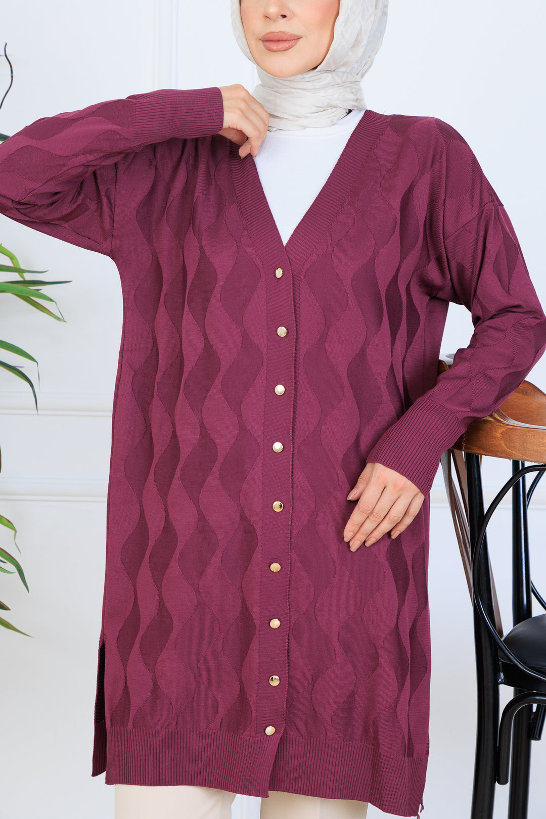 BNG Women Patterned Long Mercerized Cardigan N3239 Purple - Steyr