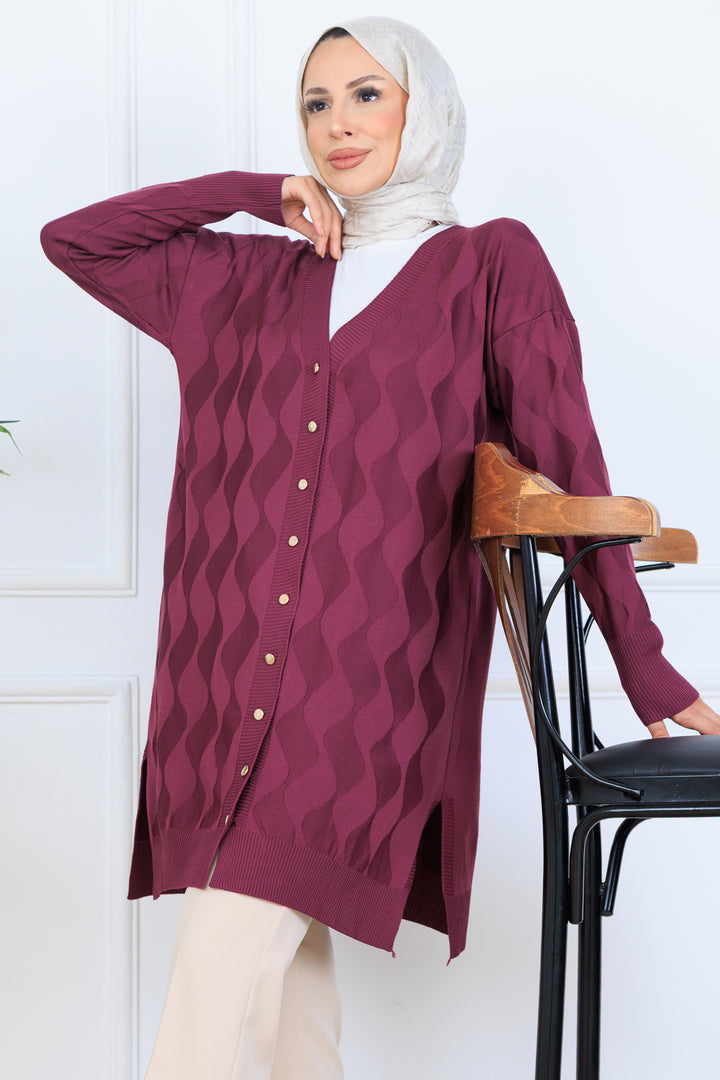 BNG Women Patterned Long Mercerized Cardigan N3239 Purple - Steyr