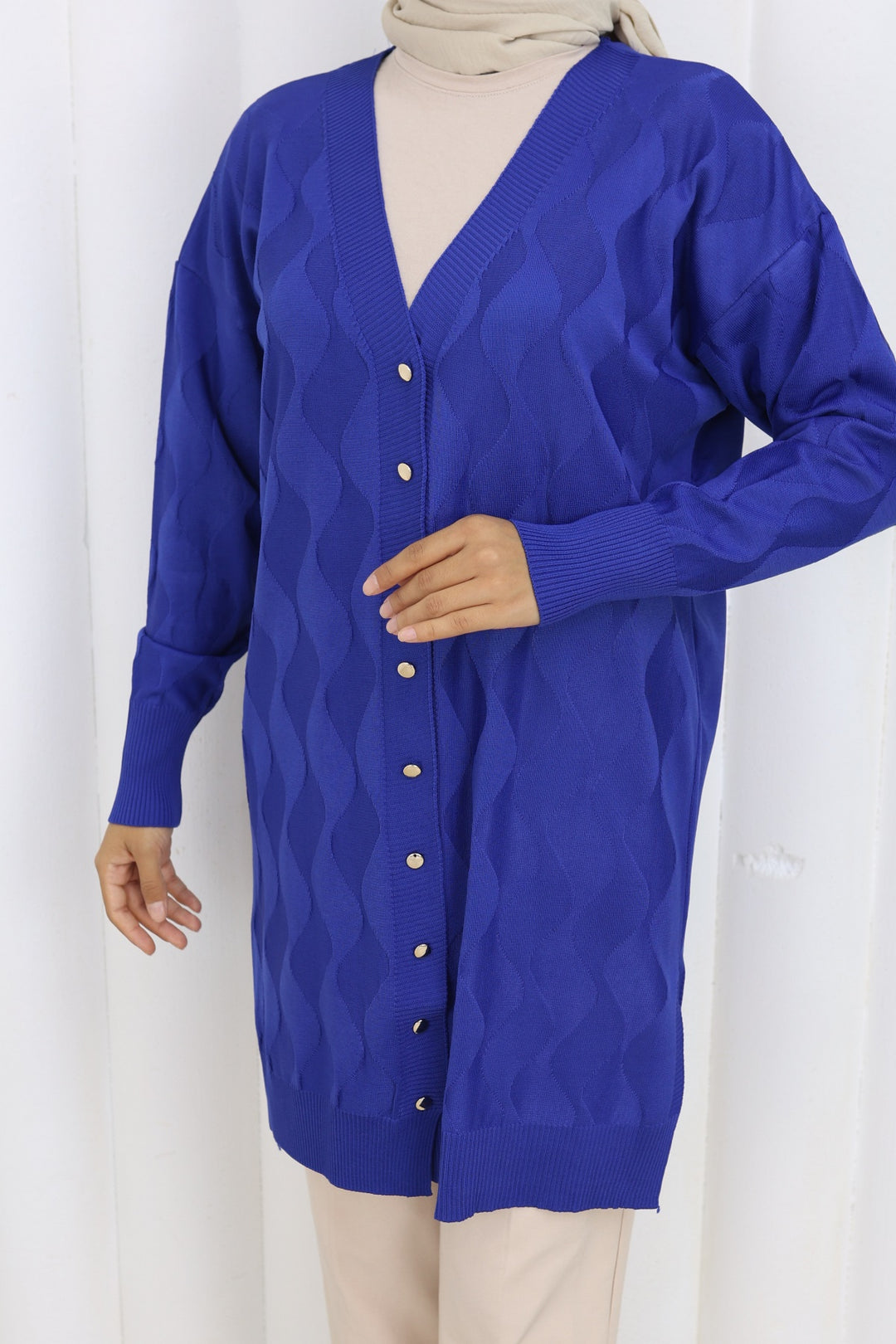 BNG Women Patterned Long Mercerized Cardigan N3239 Sax Blue - Lucca