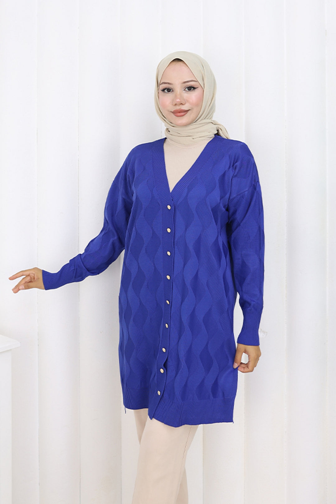 BNG Women Patterned Long Mercerized Cardigan N3239 Sax Blue - Lucca