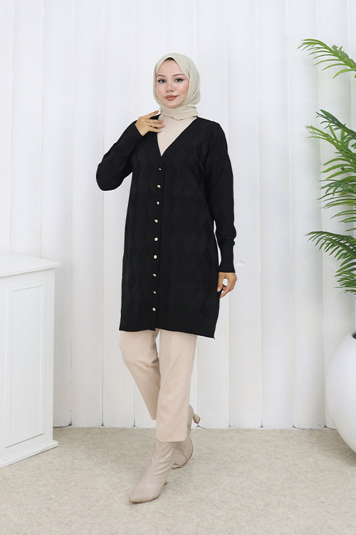 BNG Women Desenli Uzun Merserize Hırka N3239 Siyah - Exmouth