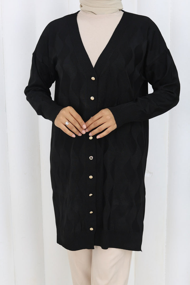 BNG Women Desenli Uzun Merserize Hırka N3239 Siyah - Exmouth