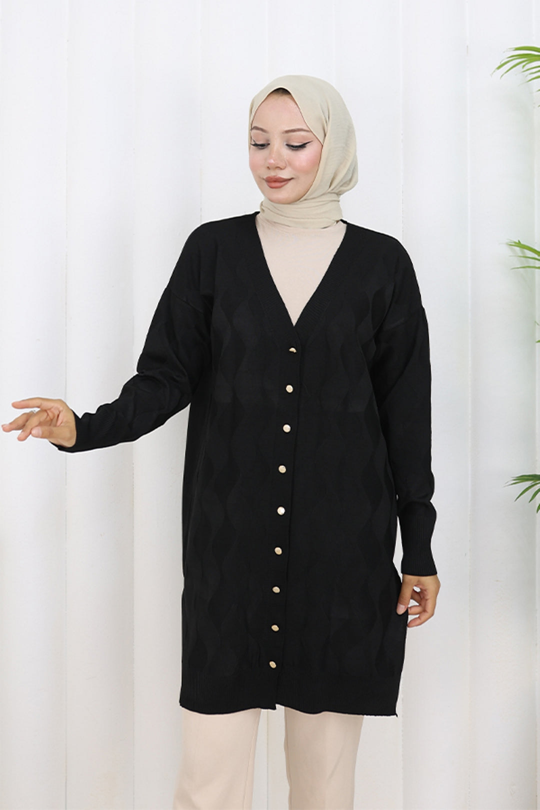 BNG Women Desenli Uzun Merserize Hırka N3239 Siyah - Exmouth