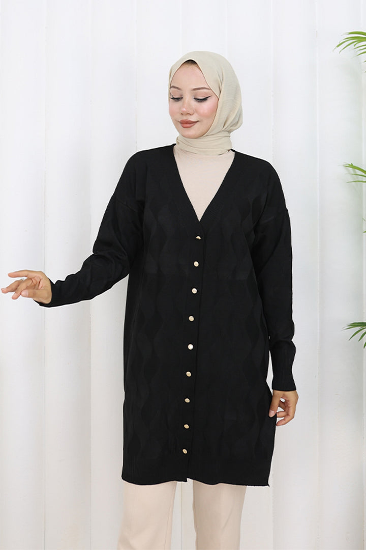 BNG Women Desenli Uzun Merserize Hırka N3239 Siyah - Exmouth