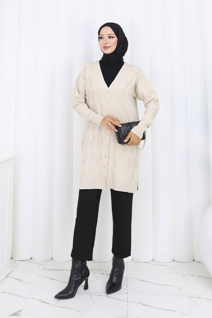 BNG Women Patterned Long Mercerized Cardigan N3239 Stone Color - Burgos