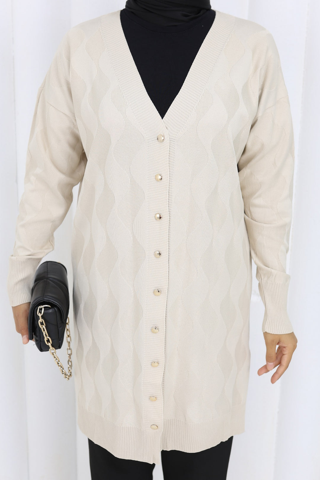 BNG Women Patterned Long Mercerized Cardigan N3239 Stone Color - Burgos