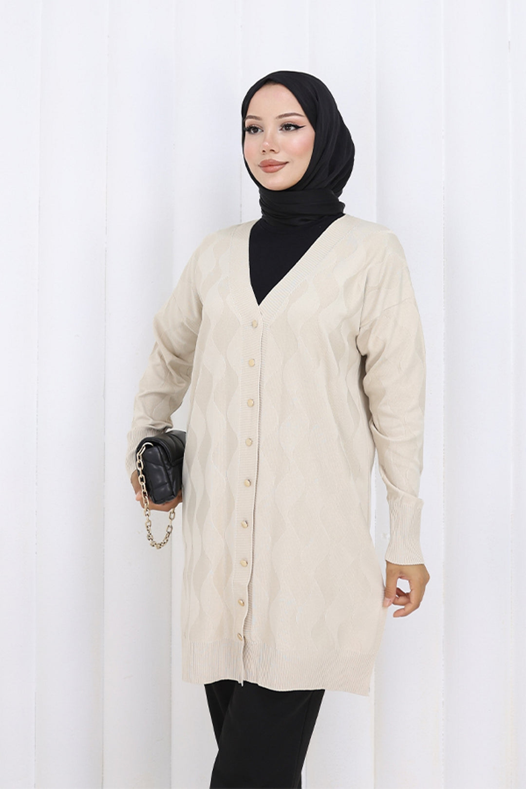 BNG Women Patterned Long Mercerized Cardigan N3239 Stone Color - Burgos