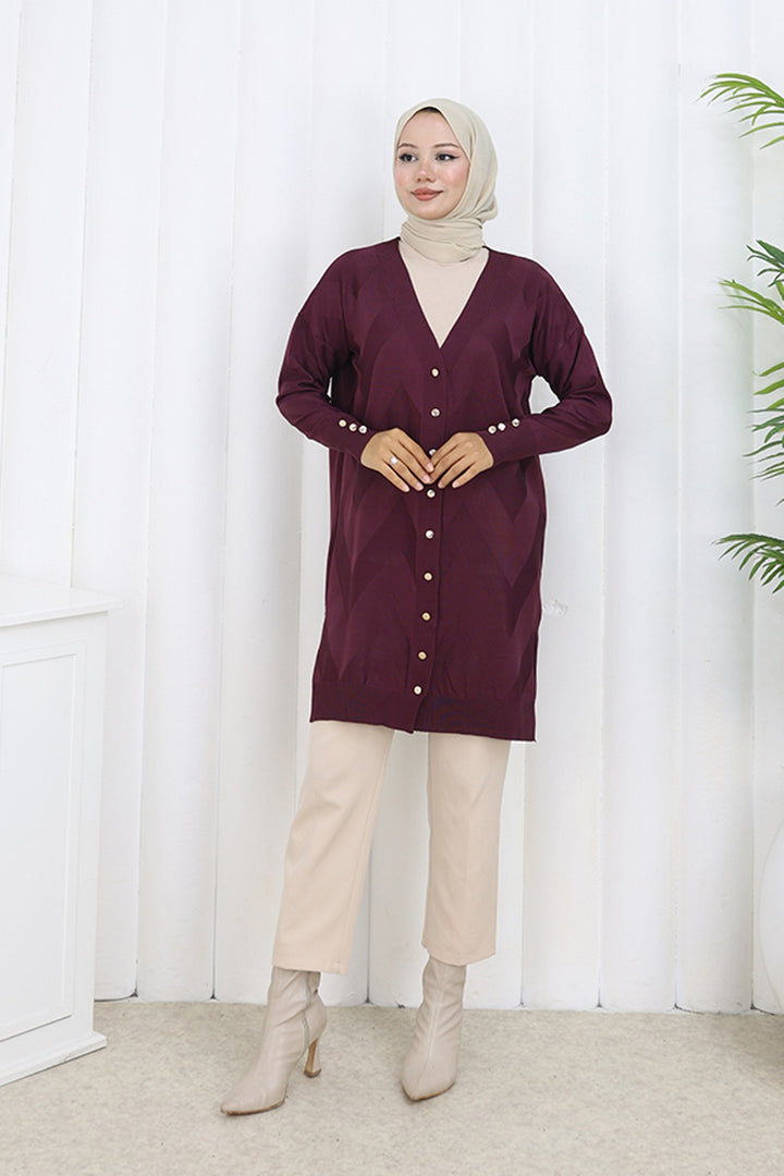 BNG Women Patterned Long Mercerized Cardigan N3193 Burgundy - Burleson