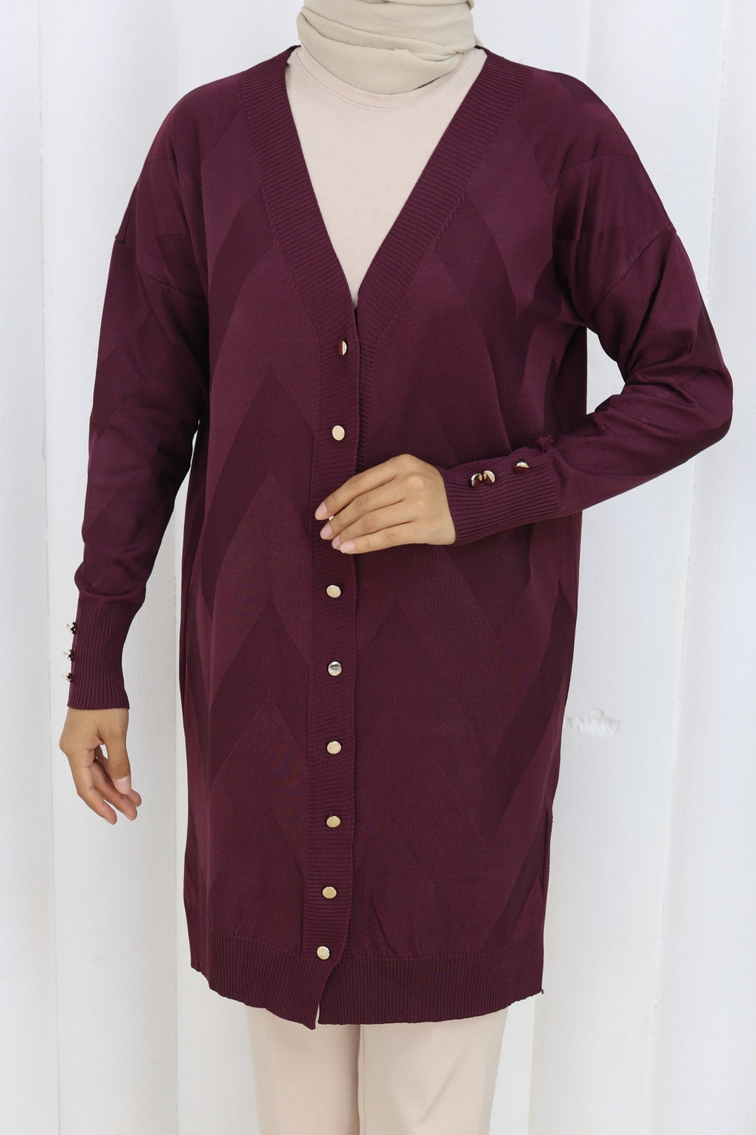 BNG Women Patterned Long Mercerized Cardigan N3193 Burgundy - Burleson