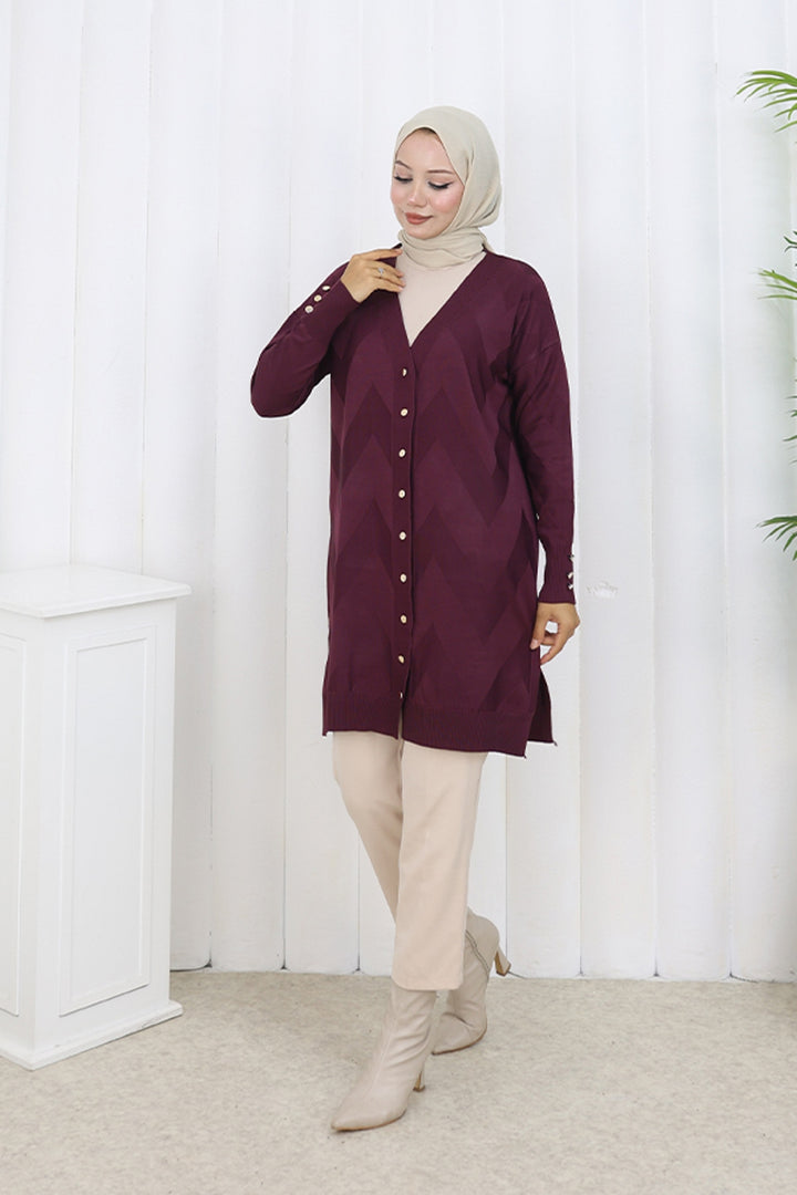 BNG Women Patterned Long Mercerized Cardigan N3193 Burgundy - Burleson