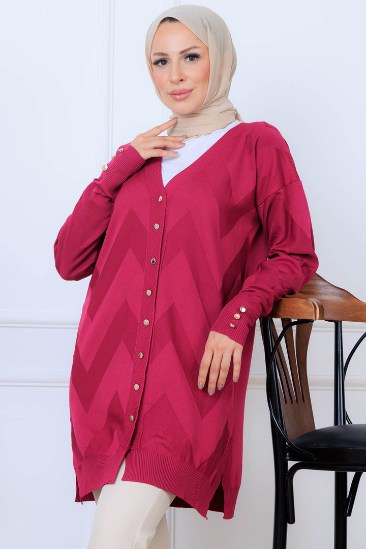 BNG Women Patterned Long Mercerized Cardigan N3193 Fuchsia - Fareham
