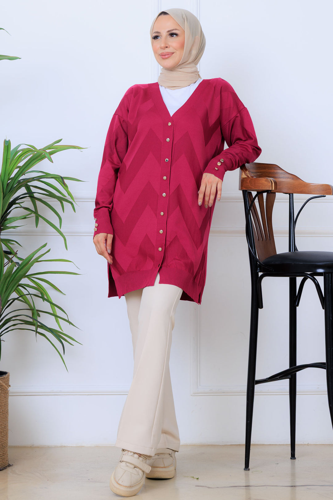 BNG Women Patterned Long Mercerized Cardigan N3193 Fuchsia - Fareham