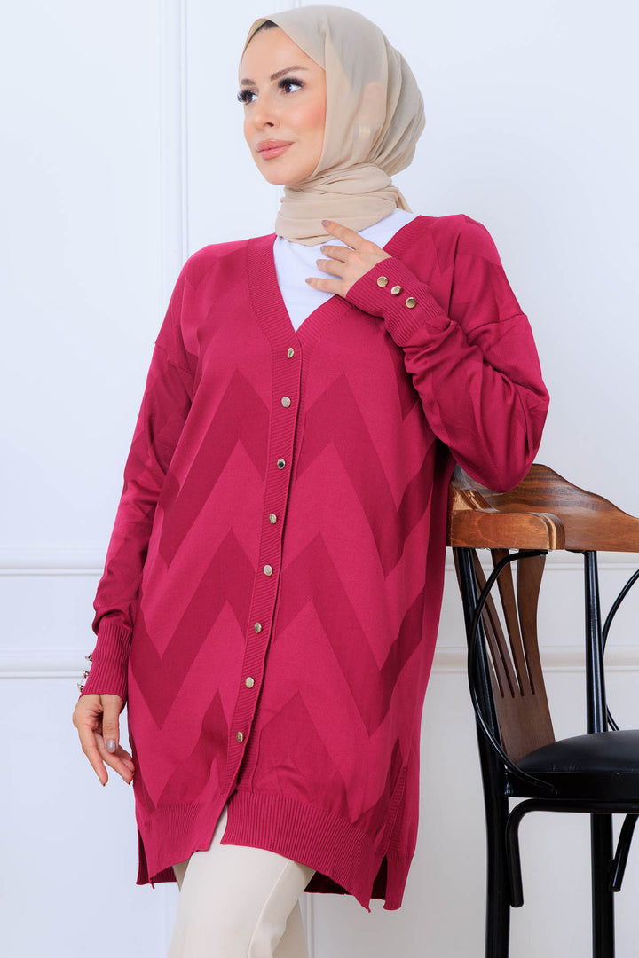 BNG Women Patterned Long Mercerized Cardigan N3193 Fuchsia - Fareham