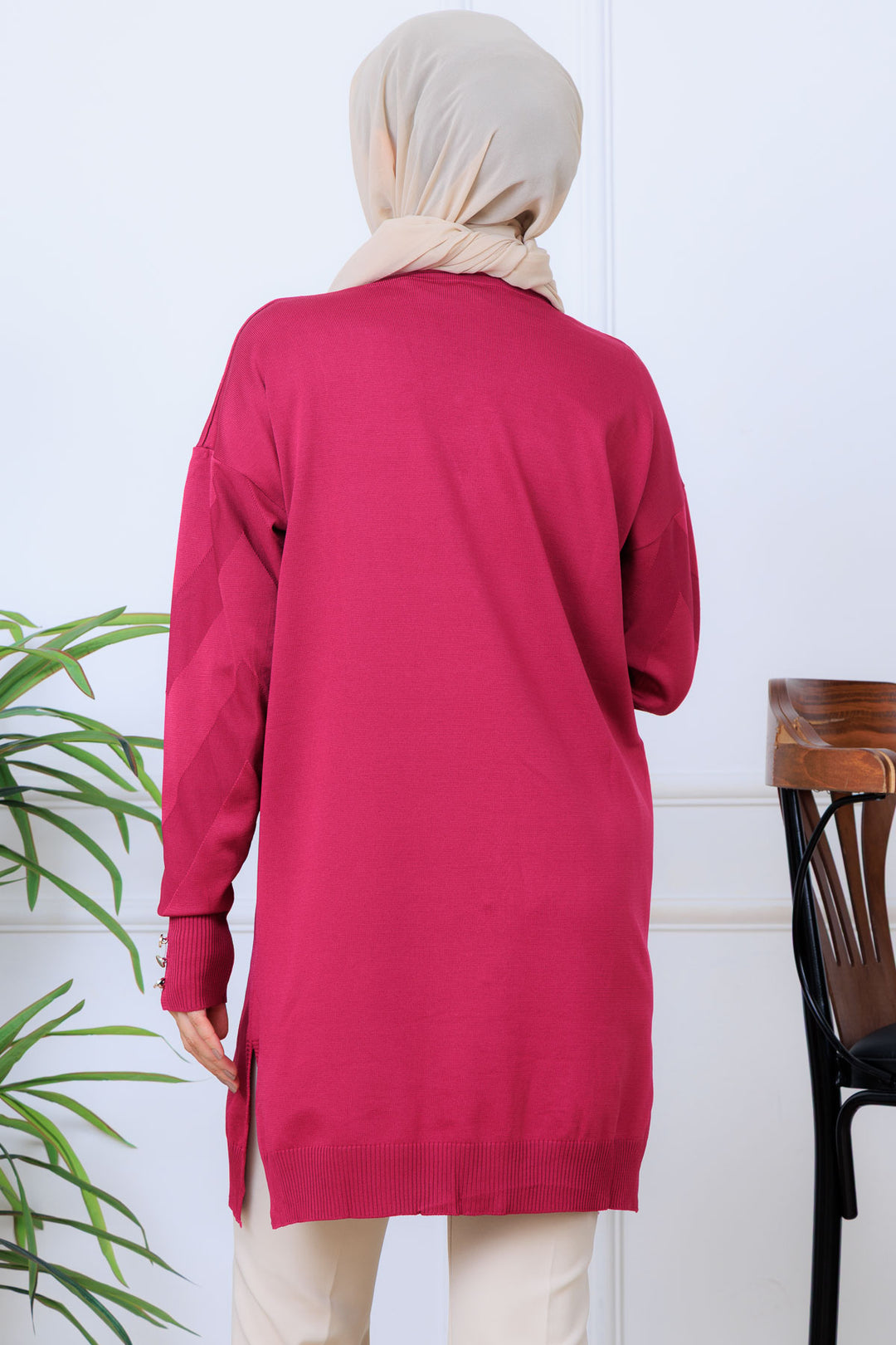 BNG Women Patterned Long Mercerized Cardigan N3193 Fuchsia - Fareham