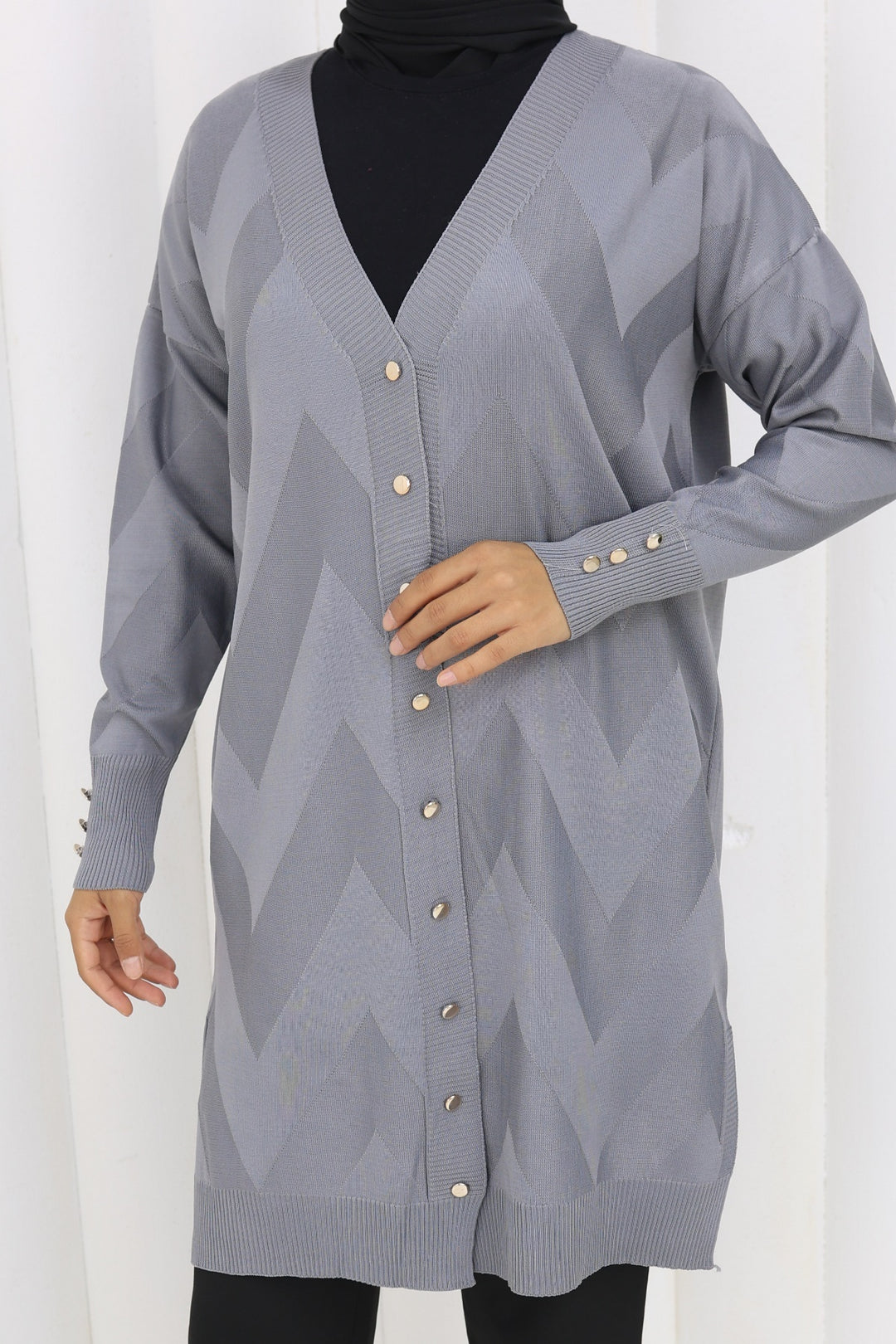 BNG Women Patterned Long Mercerized Cardigan N3193 Gray - Valencia