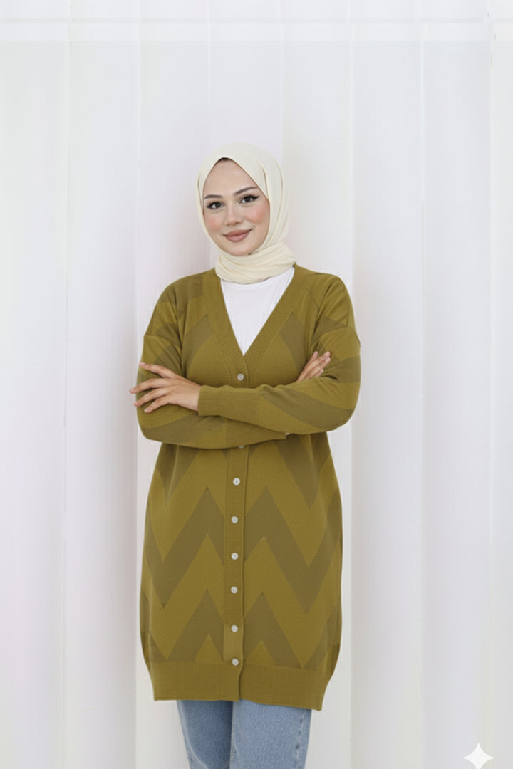 BNG Women Patterned Long Mercerized Cardigan N3193 Khaki - Rock Hill