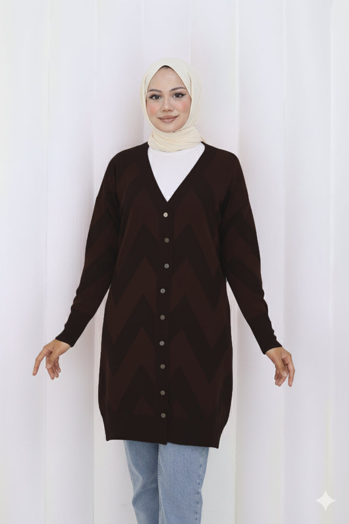 BNG Women Patterned Long Mercerized Cardigan N3193 Brown - Arden-Arcade